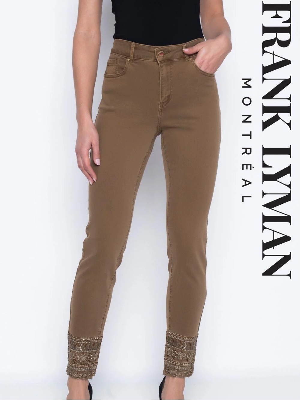 Frank Lyman Designs embellished beaded cuff ankle cut off tan jeans